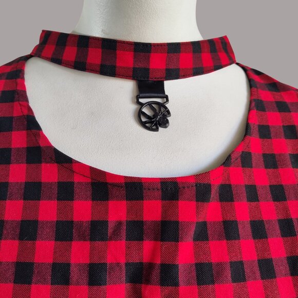 Royal Monk Rockabilly Goth Choker Neck w Spider Red Black Check Stretch Dress - Picture 5 of 11